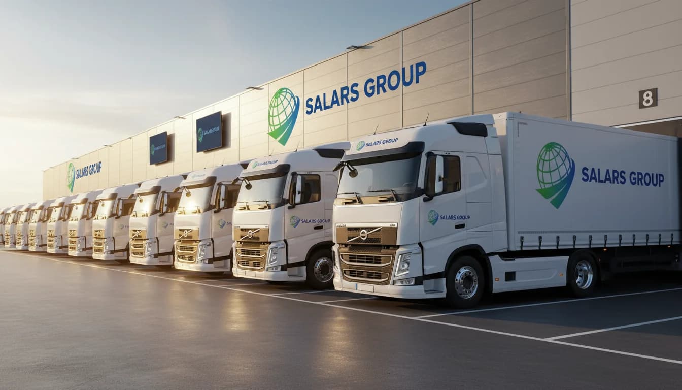 Редица камиони на Salars Group, паркирани пред сградата на склада