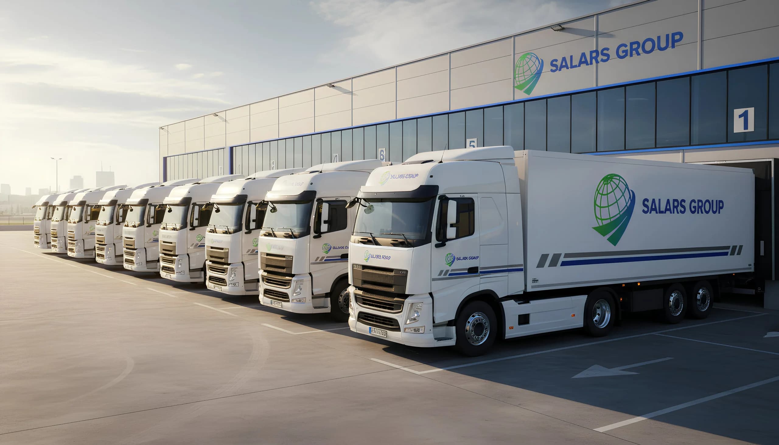 Бели камиони на Salars Group, подредени пред склада