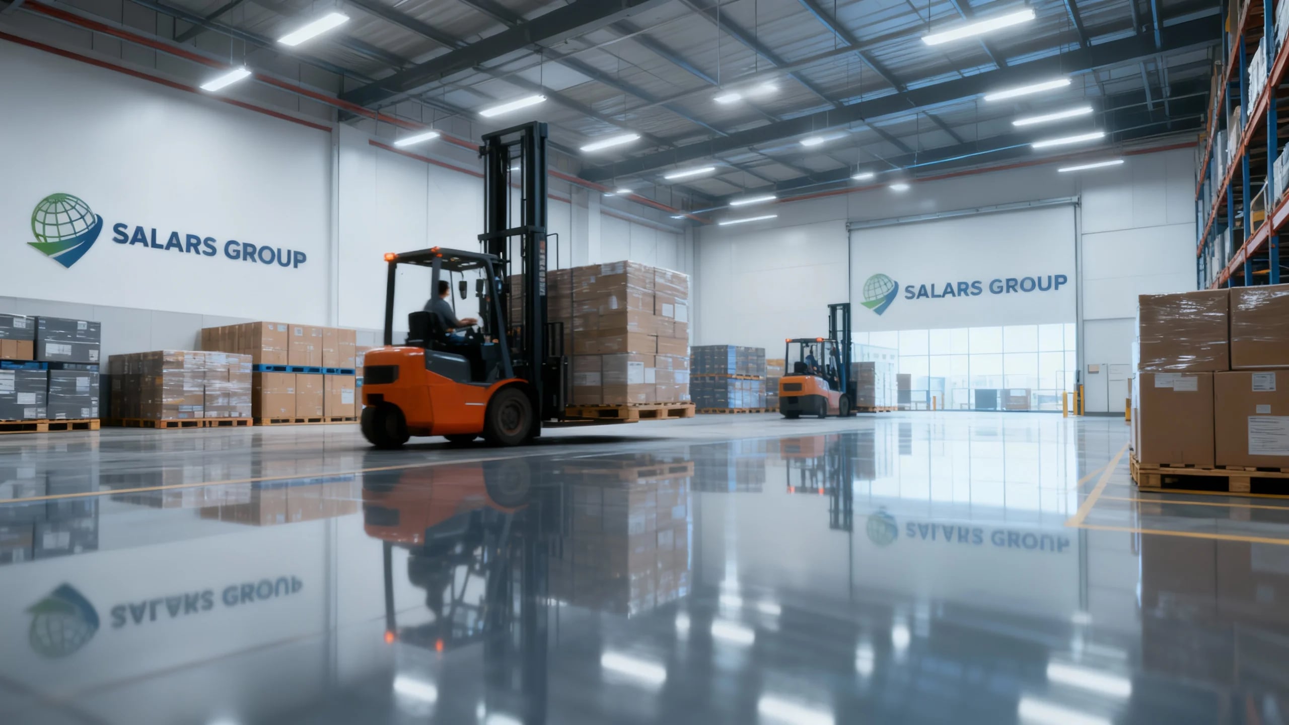 Forklift carrying pallets across the Salars Group warehouse floor